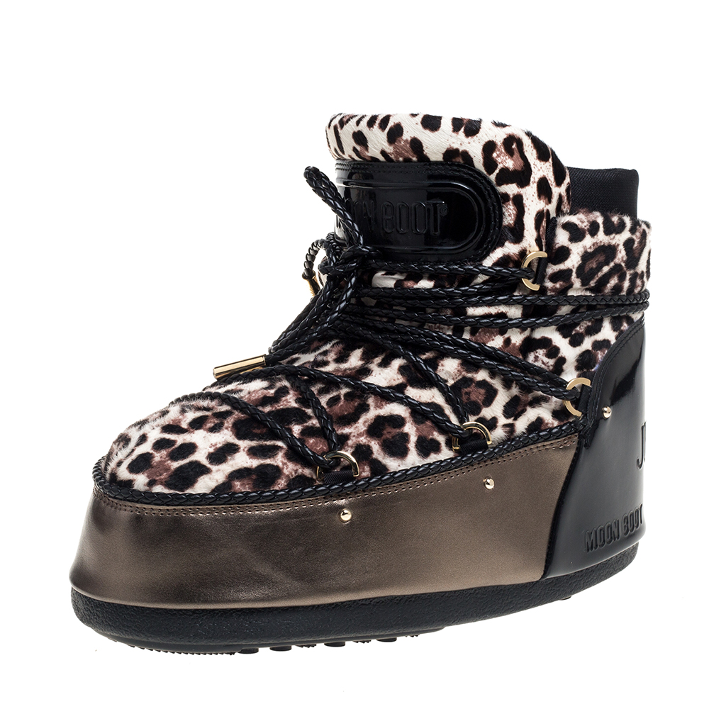 Pre-owned Jimmy Choo Leopard Print Calf Hair And Metallic Bronze Leather Moon Boots Size 41/42