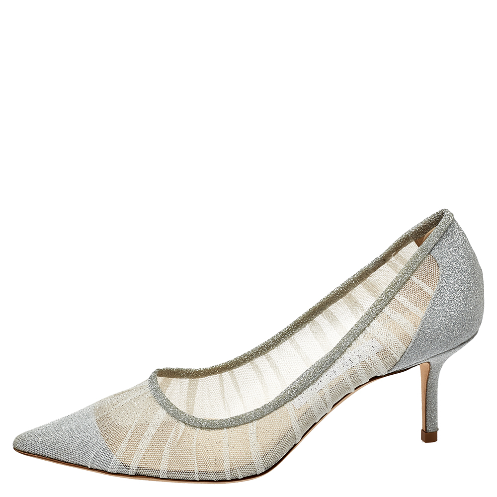 

Jimmy Choo Silver Glitter Fabric and White Tulle Love Pointed Toe Pumps Size