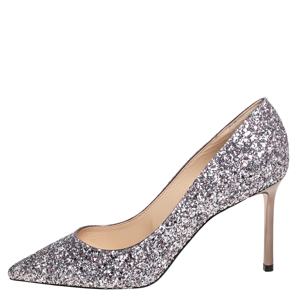 

Jimmy Choo Purple Glitter Romy Pumps Size