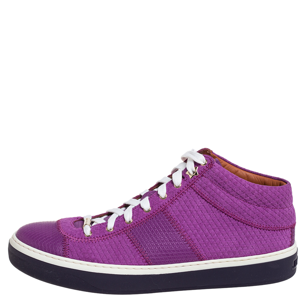 

Jimmy Choo Purple Textured Suede And Leather Belgravia High Top Sneakers Size