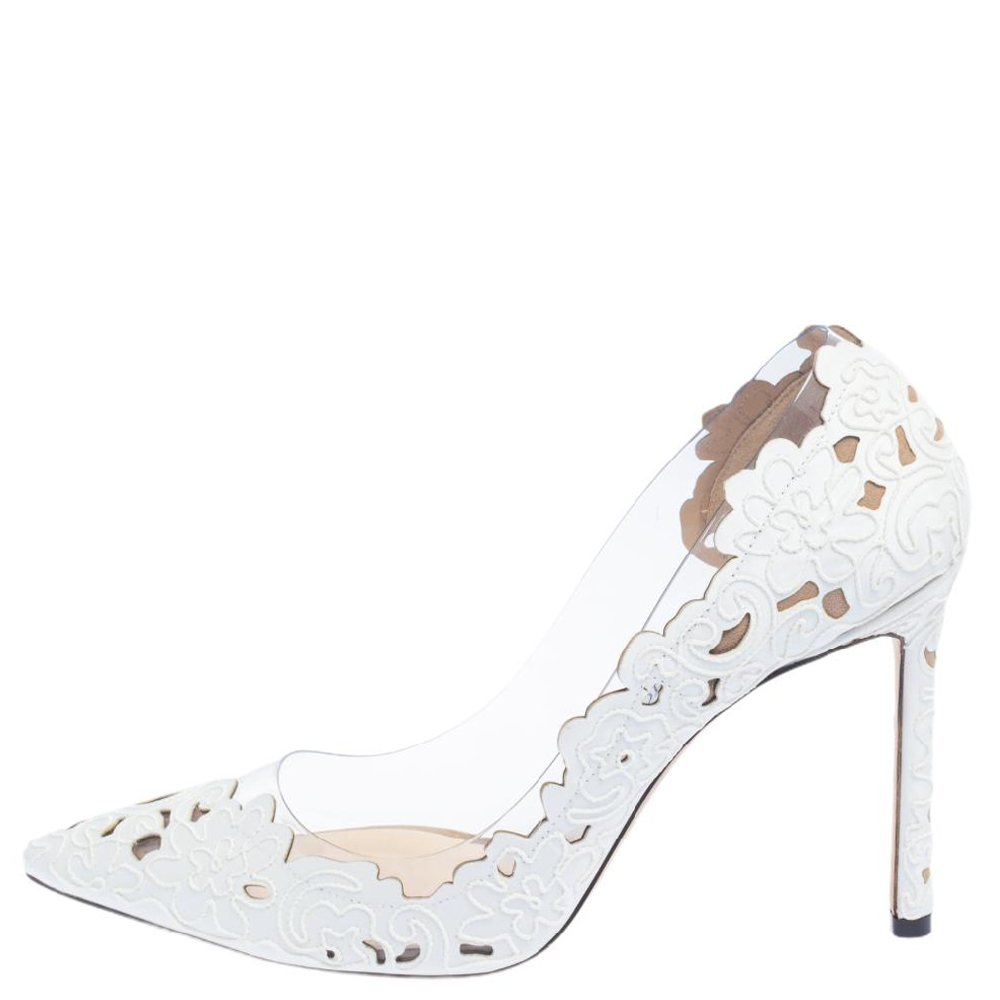 

Jimmy Choo White Lace Fabric And PVC Romy 100 Pointed Toe Pumps Size