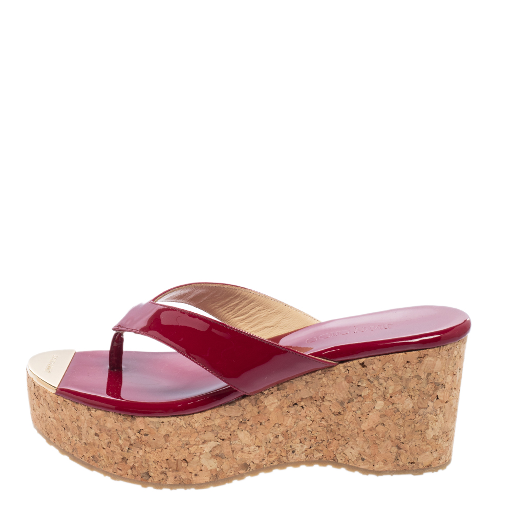 

Jimmy Choo Maroon Patent Leather Pathos Cork Wedge Slides Size, Red