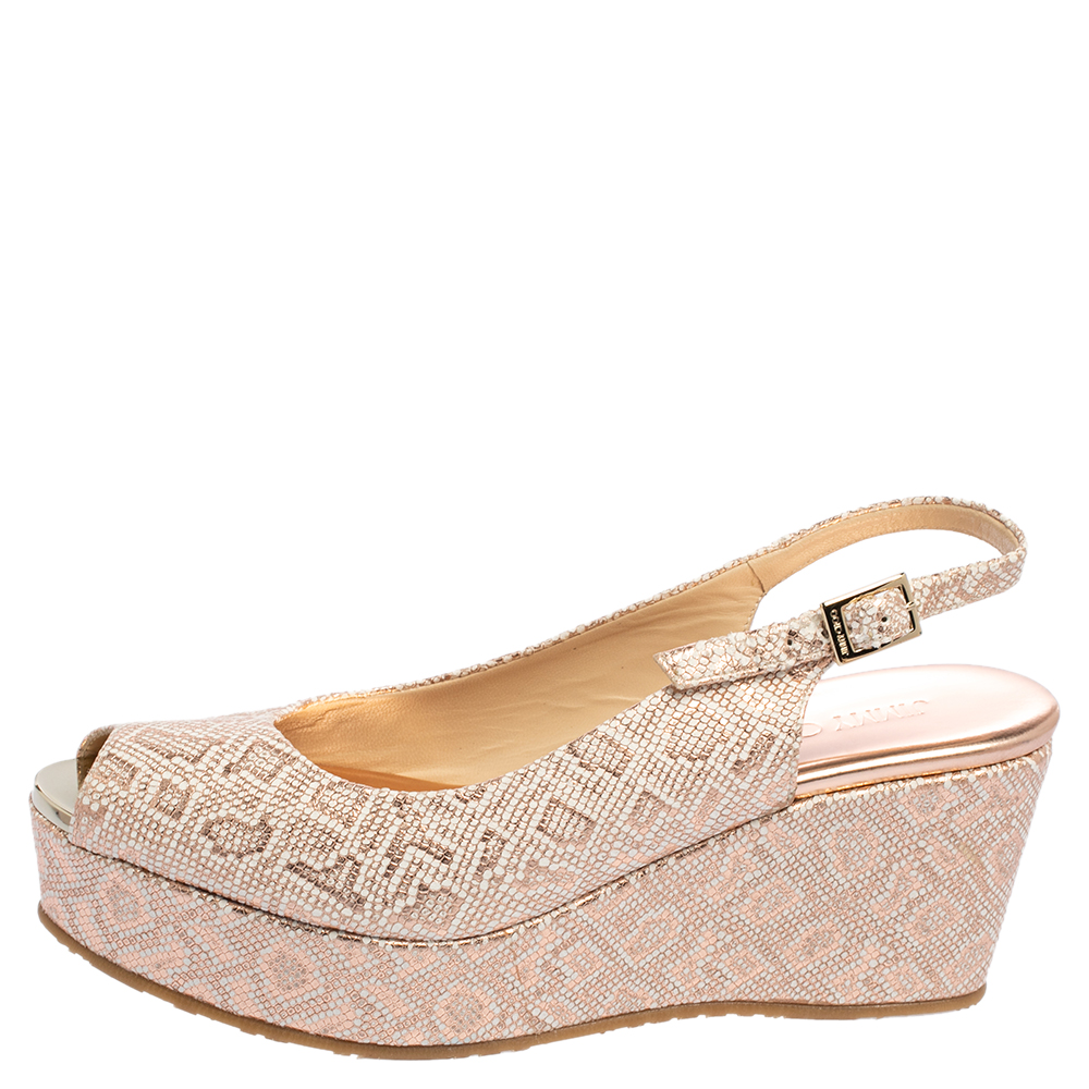 

Jimmy Choo Beige/Brown Printed Leather Wedge Slingback Sandals Size