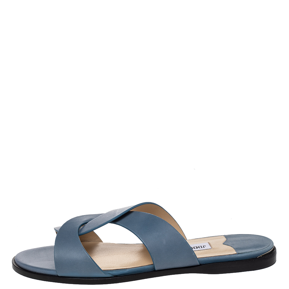 

Jimmy Choo Blue Leather Atia Crossover Strap Flat Slides Size