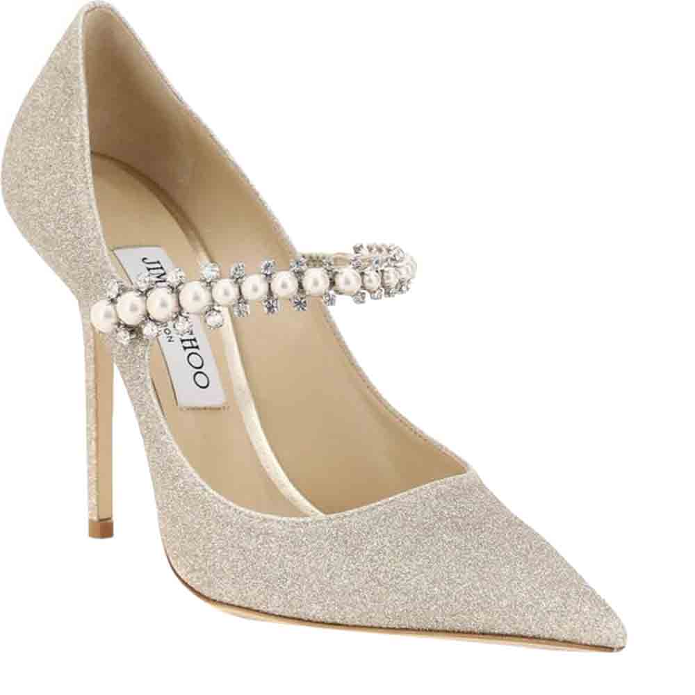 

Jimmy Choo Dusty Glitter Crystal and Pearl Strap Baily 100 Pumps Size IT, Silver