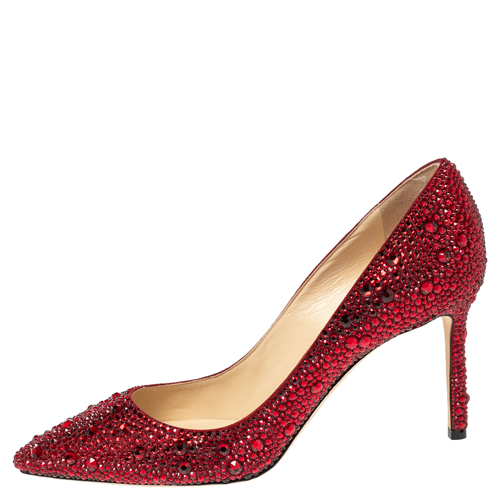 

Jimmy Choo Red Crystal Embellished Romy Pumps Size