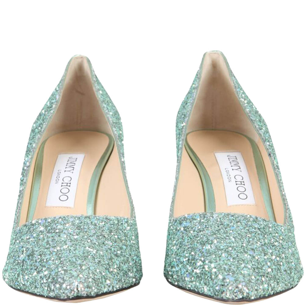 

Jimmy Choo Mint Halo Coarse Glitter Romy 85 Pumps Size IT, Green