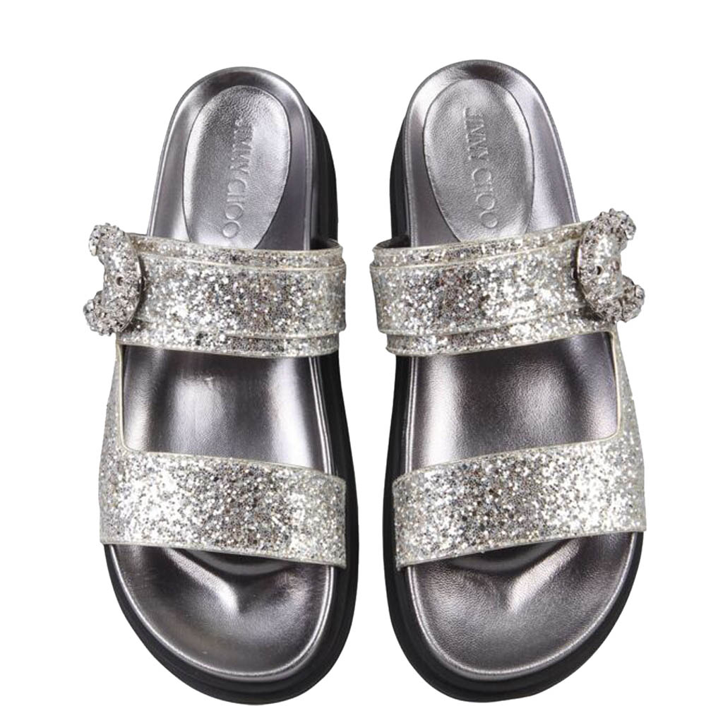 

Jimmy Choo Platinum Dazzling Coarse Glitter Marga Flat Sandals Size IT, Silver