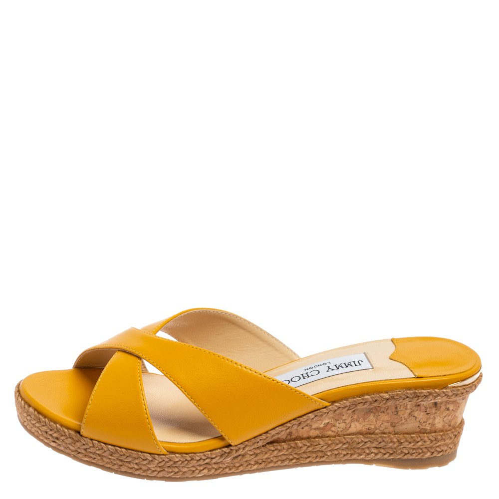 

Jimmy Choo Mustard Yellow Leather Almer 50 Wedge Sandal Size