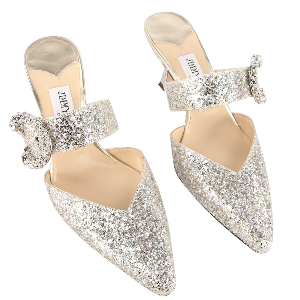 

Jimmy Choo Silver Dazzling Glitter Crystal Marta Mules Size EU