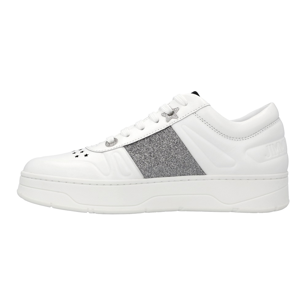 

Jimmy Choo White/Silver Calf Leather Coarse Glitter Stripe Hawaii Sneakers Size EU