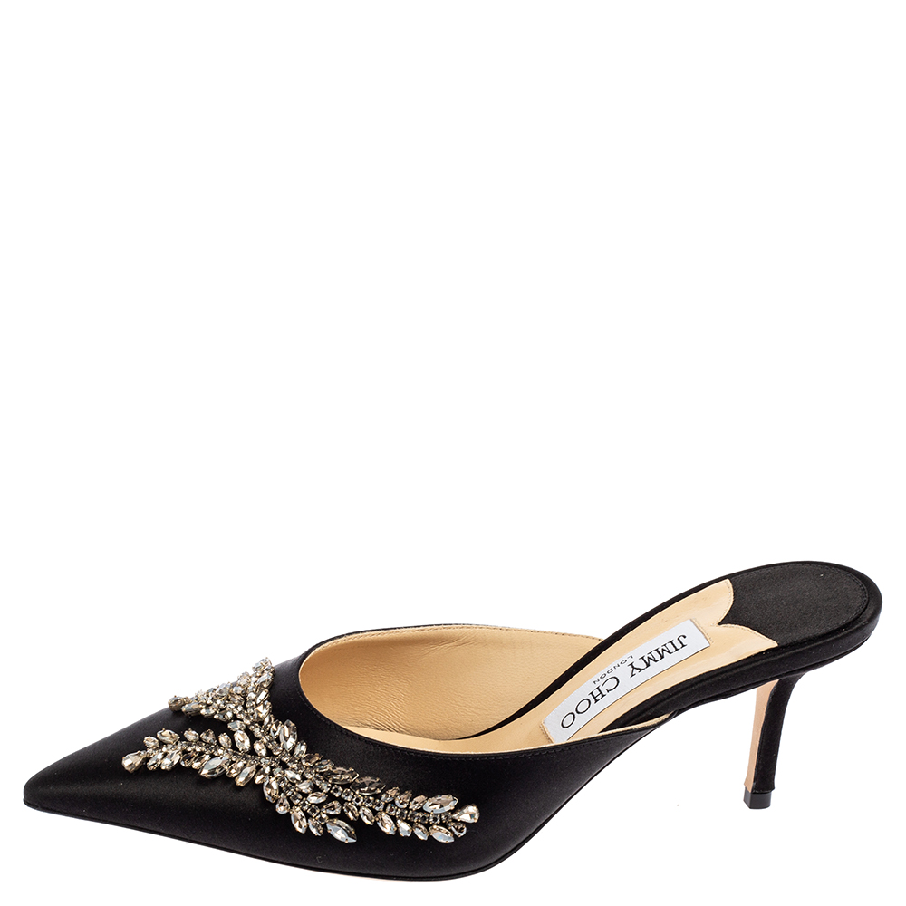 

Jimmy Choo Black Satin Rav Crystal Embellished Mule Sandals Size