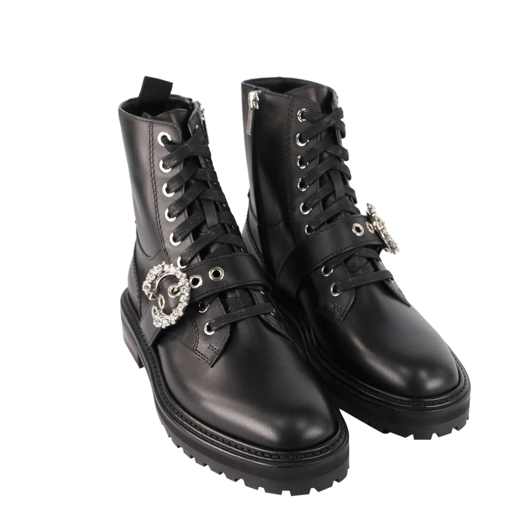 

Jimmy Choo Black Soft Calf Leather Crystal Buckle Cora Flat Combat Boots Size EU