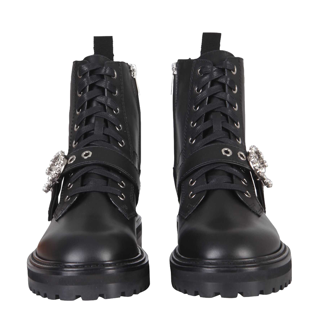

Jimmy Choo Black Black Soft Calf Leather Crystal Buckle Cora Flat Combat Boots Size IT