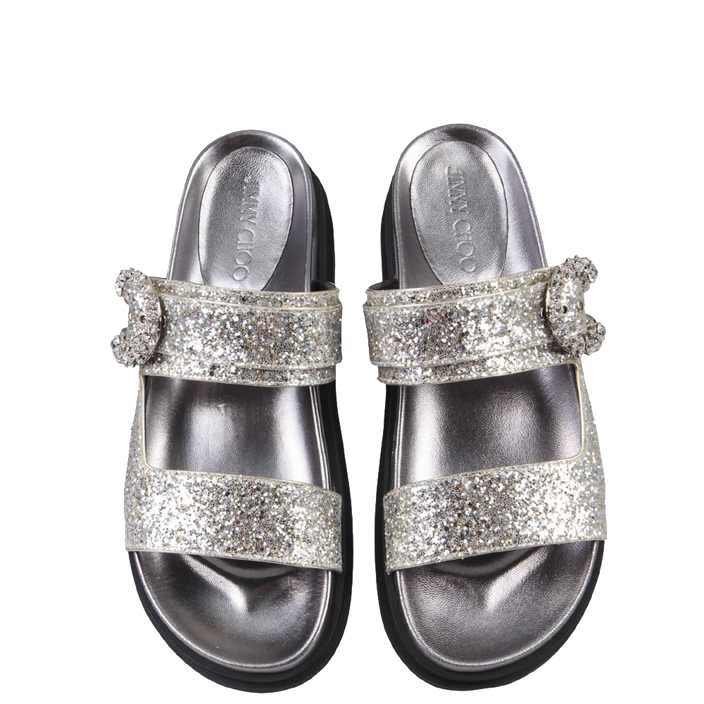 

Jimmy Choo Platinum Dazzling Coarse Glitter Crystal Buckle Marga Flat Sandals Size IT, Black
