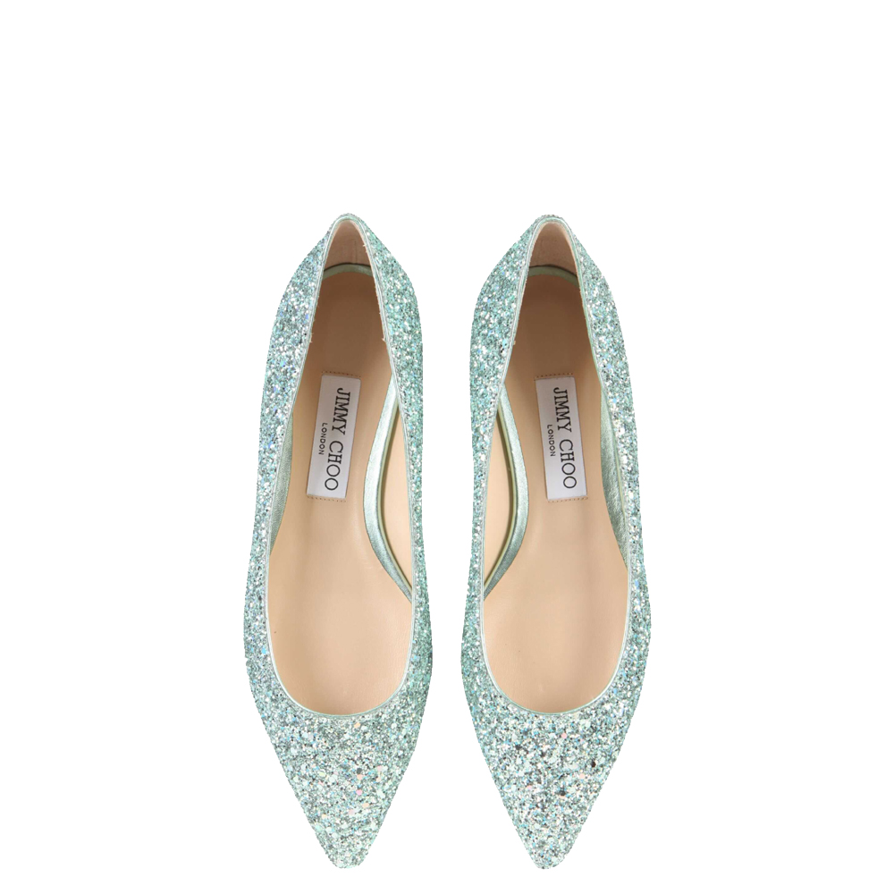 

Jimmy Choo Green Glitter Romy Pointy Toe Flats Size IT