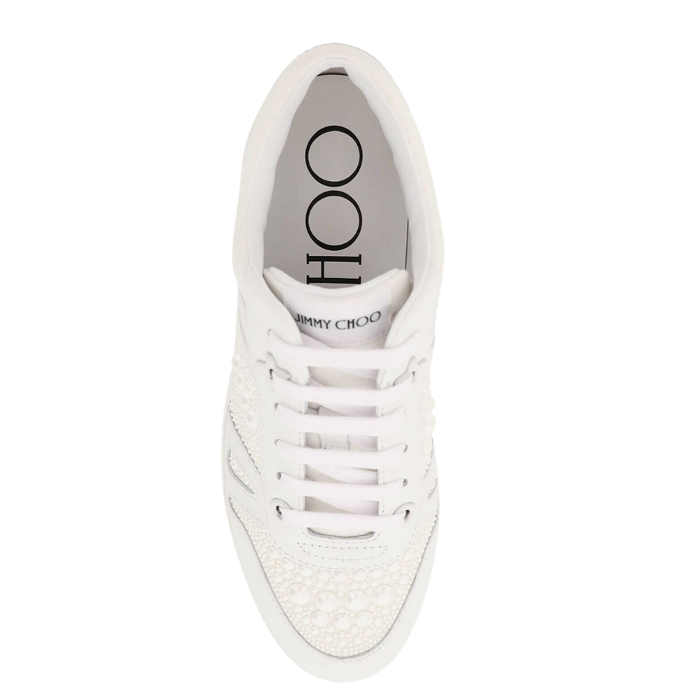 

Jimmy Choo White Calf Leather and Canvas Pearl Embellishment Hawaii/F Sneakers Size IT