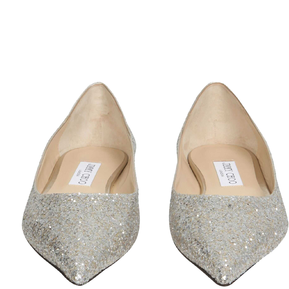 

Jimmy Choo Silver Glitter Love Flat Ballerinas Size IT