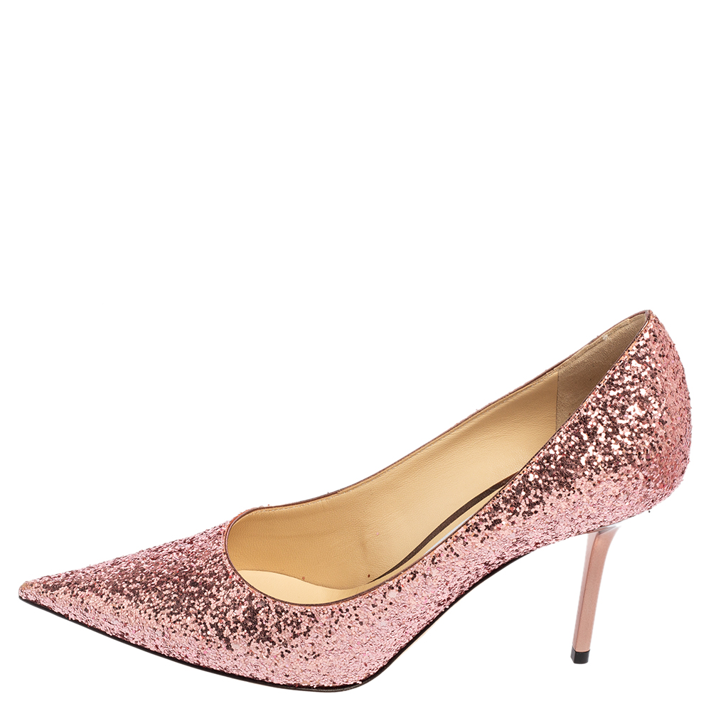 

Jimmy Choo Pink Coarse Glitter Love Pumps Size