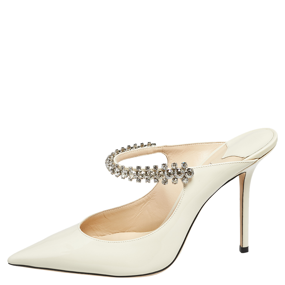 

Jimmy Choo Cream Patent Leather Crystal Embellished Pointed Toe Mule Sandals Size