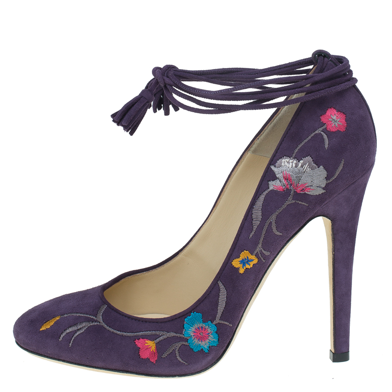 

Jimmy Choo Purple Suede Floral Embroidered Chelan Ankle Wrap Pumps Size