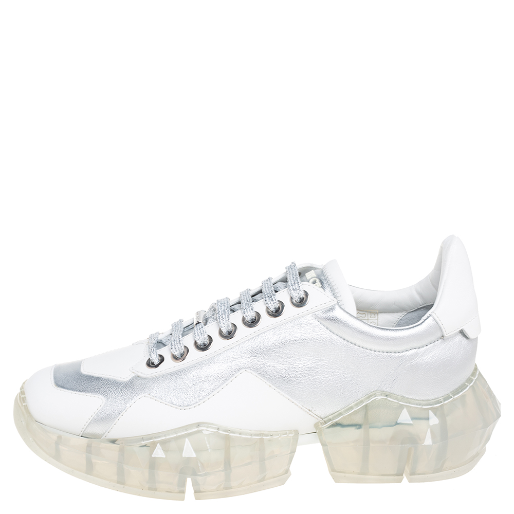 

Jimmy Choo Silver/White Leather Diamond Low-Top Sneakers Size