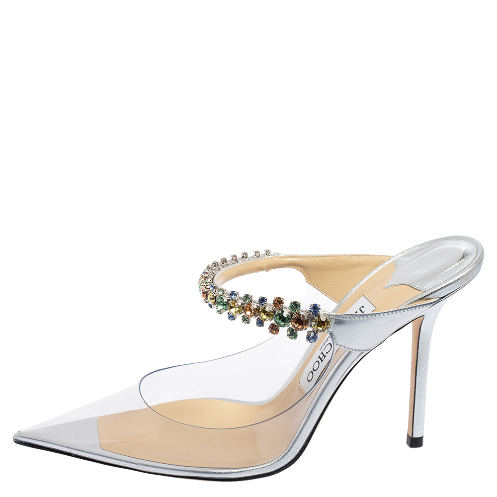 

Jimmy Choo Silver Leather and PVC Bing Crystal Embellished Mule Sandals Size