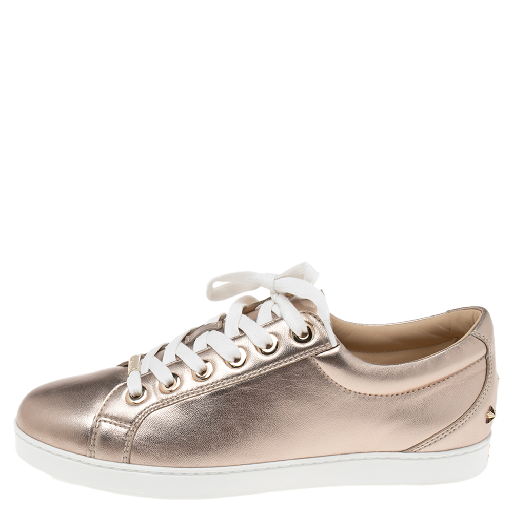 

Jimmy Choo Rose Gold Leather Cash Low-Top Sneakers Size