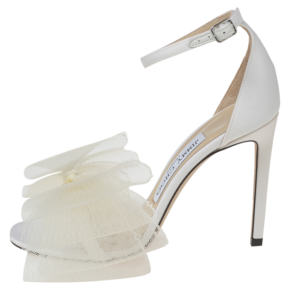 

Jimmy Choo White Fabric Aveline Bow Ankle-Strap Sandals Size