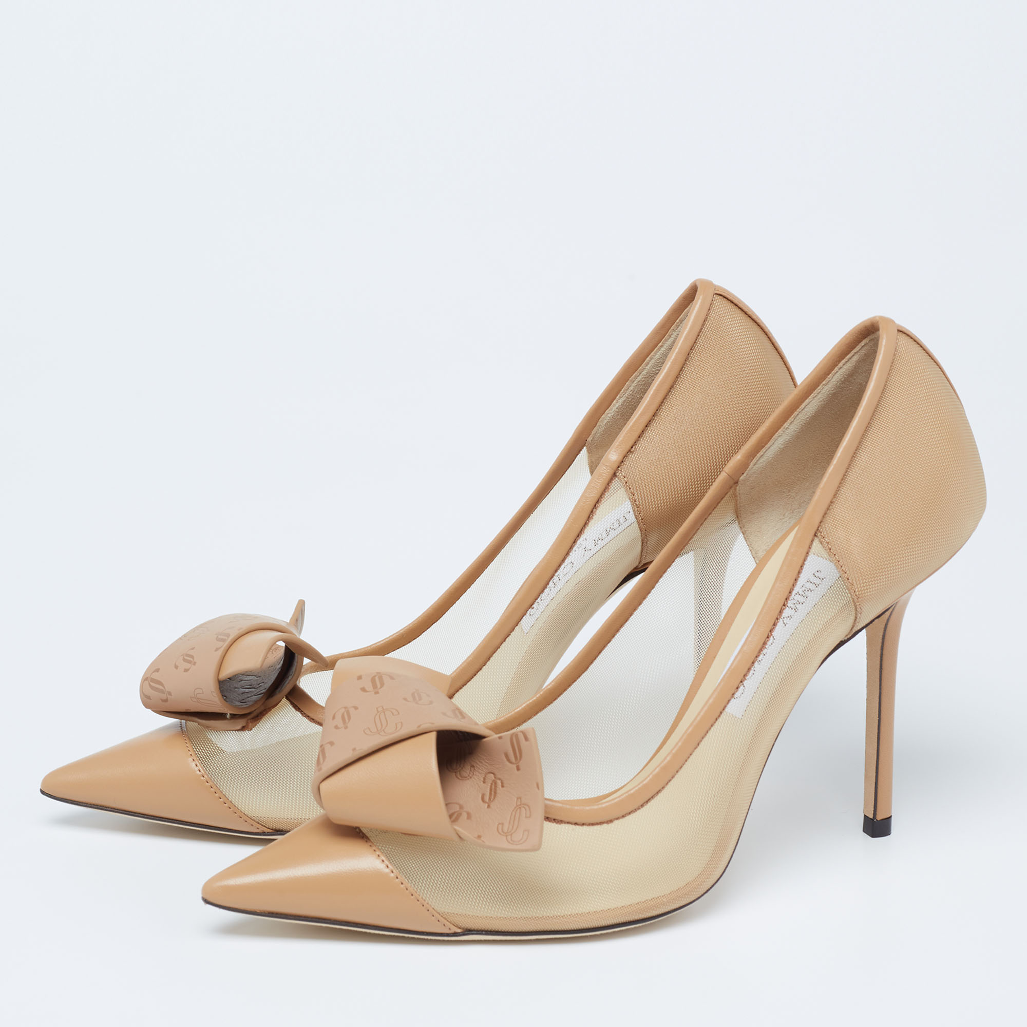 

Jimmy Choo Caramel Mesh and Leather JC Monogram Bow Lani Pumps Size, Beige