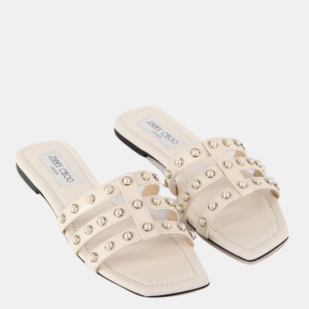 

Jimmy Choo White Nappa Leather Studs Hazal Caged Flats EU