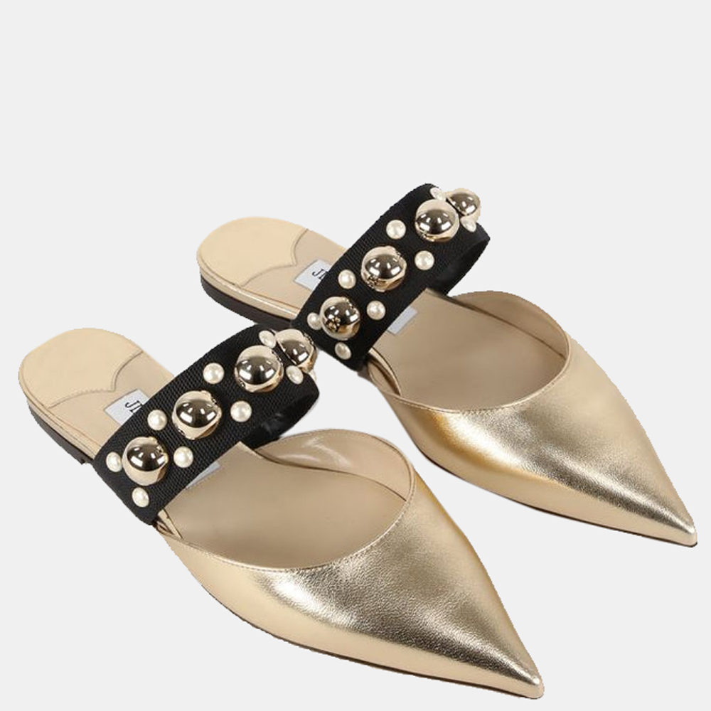 

Jimmy Choo Gold Leather Basette Studs Flat EU