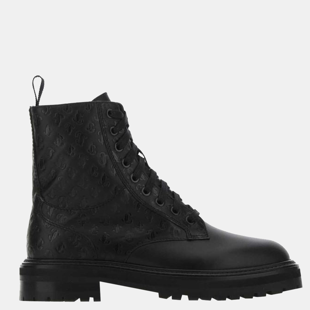 Pre-owned Jimmy Choo Black Jc Monogram Leather Cora Combat Boots Size ...