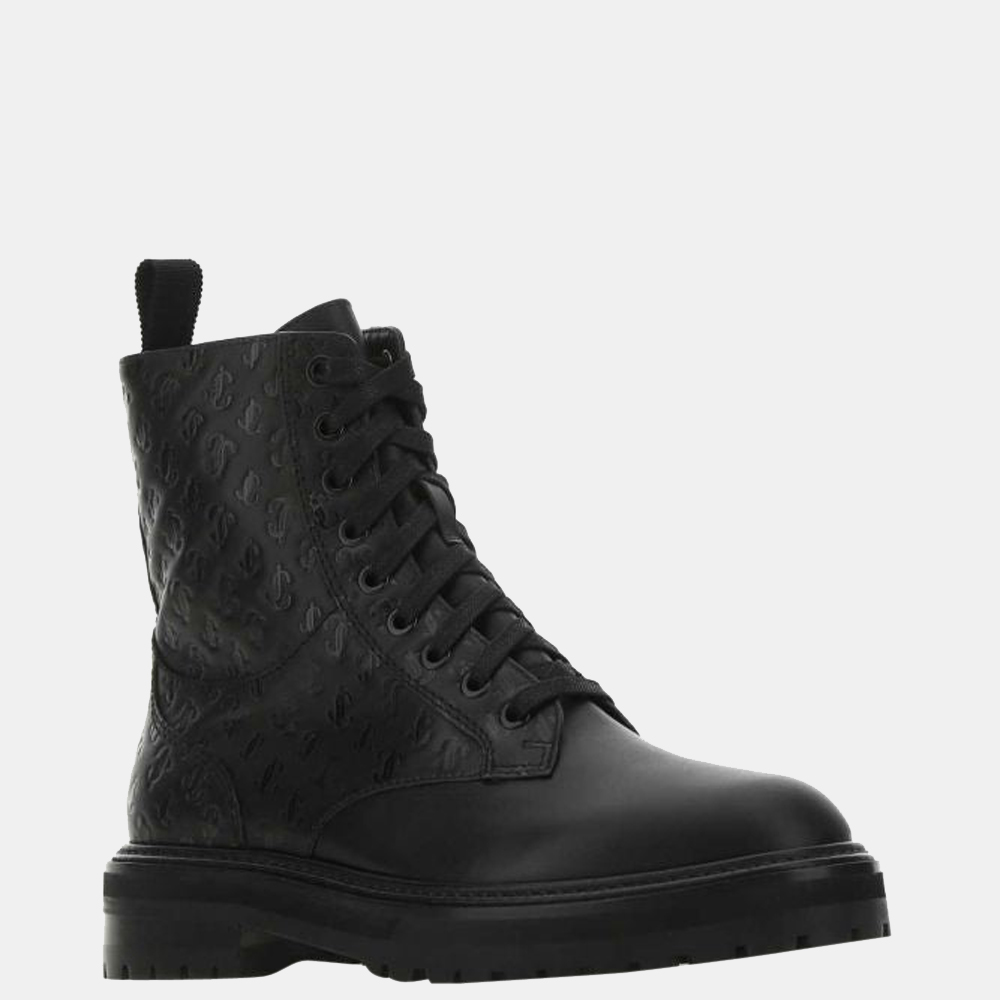 

Jimmy Choo Black JC Monogram Leather Cora Combat Boots Size EU