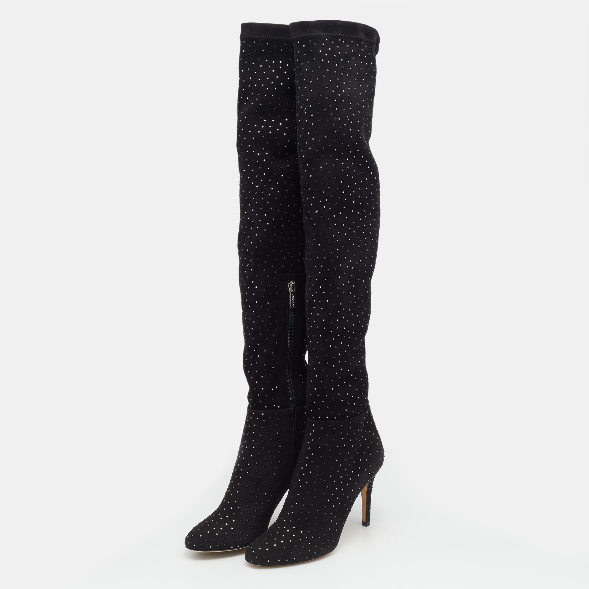 

Jimmy Choo Black Stretch Fabric Crystal Embellished Thigh High Boots Size