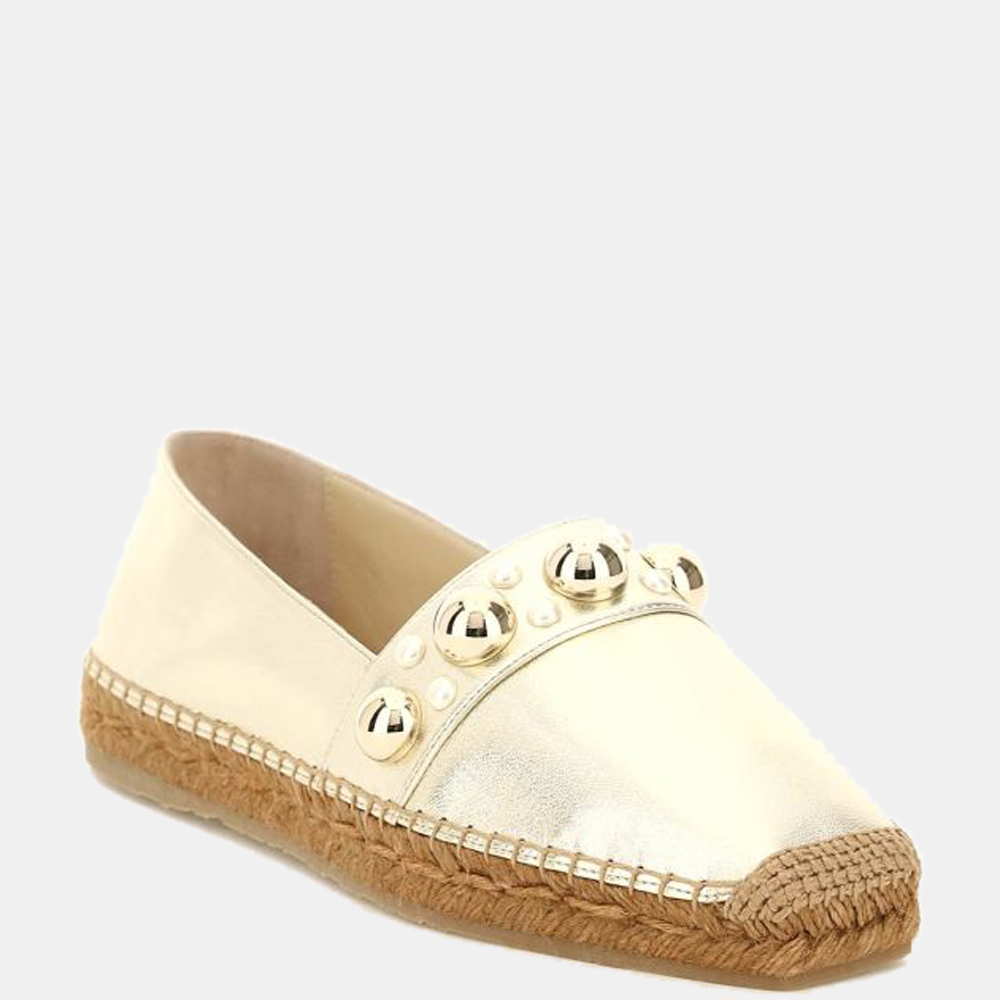 

Jimmy Choo Gold Leather Metallic Dru Embellished Espadrilles Flats Size EU