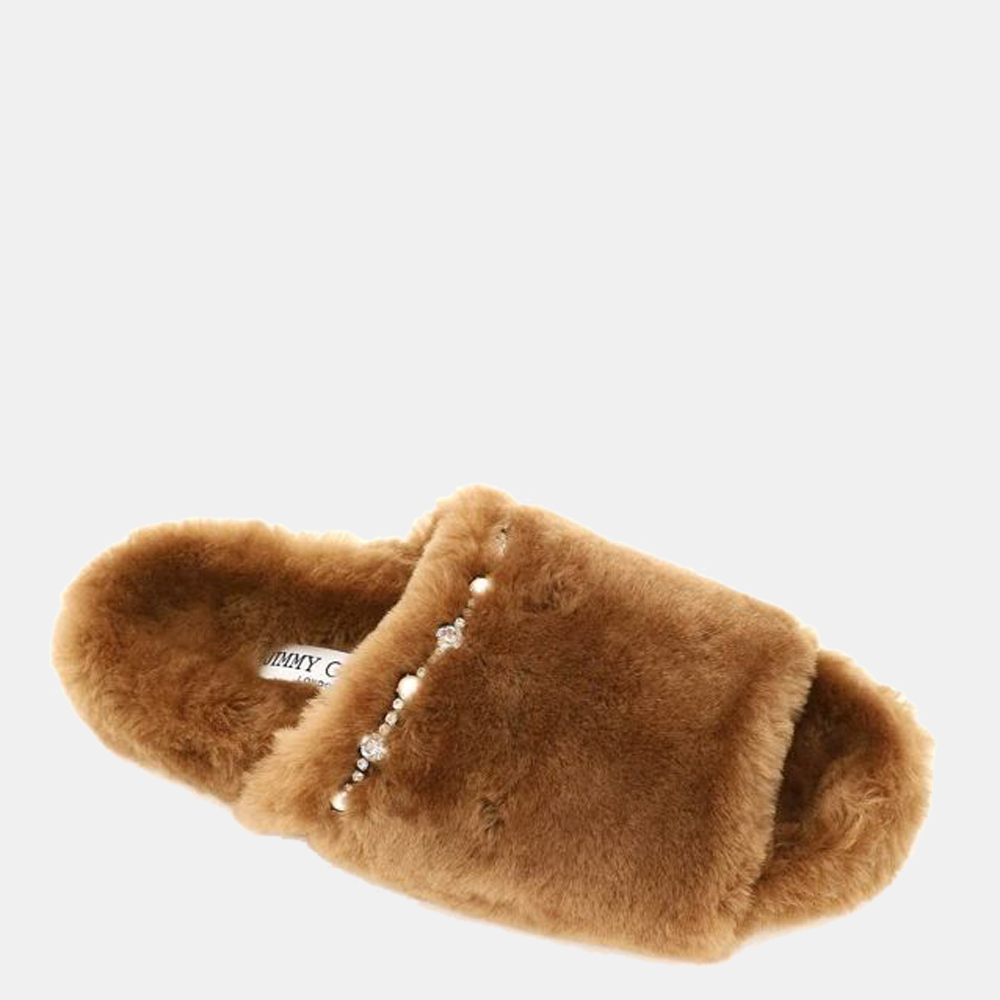 

Jimmy Choo Brown Teddy Crystal and Pearl Detailing Aliette Shearling Slippers Size EU