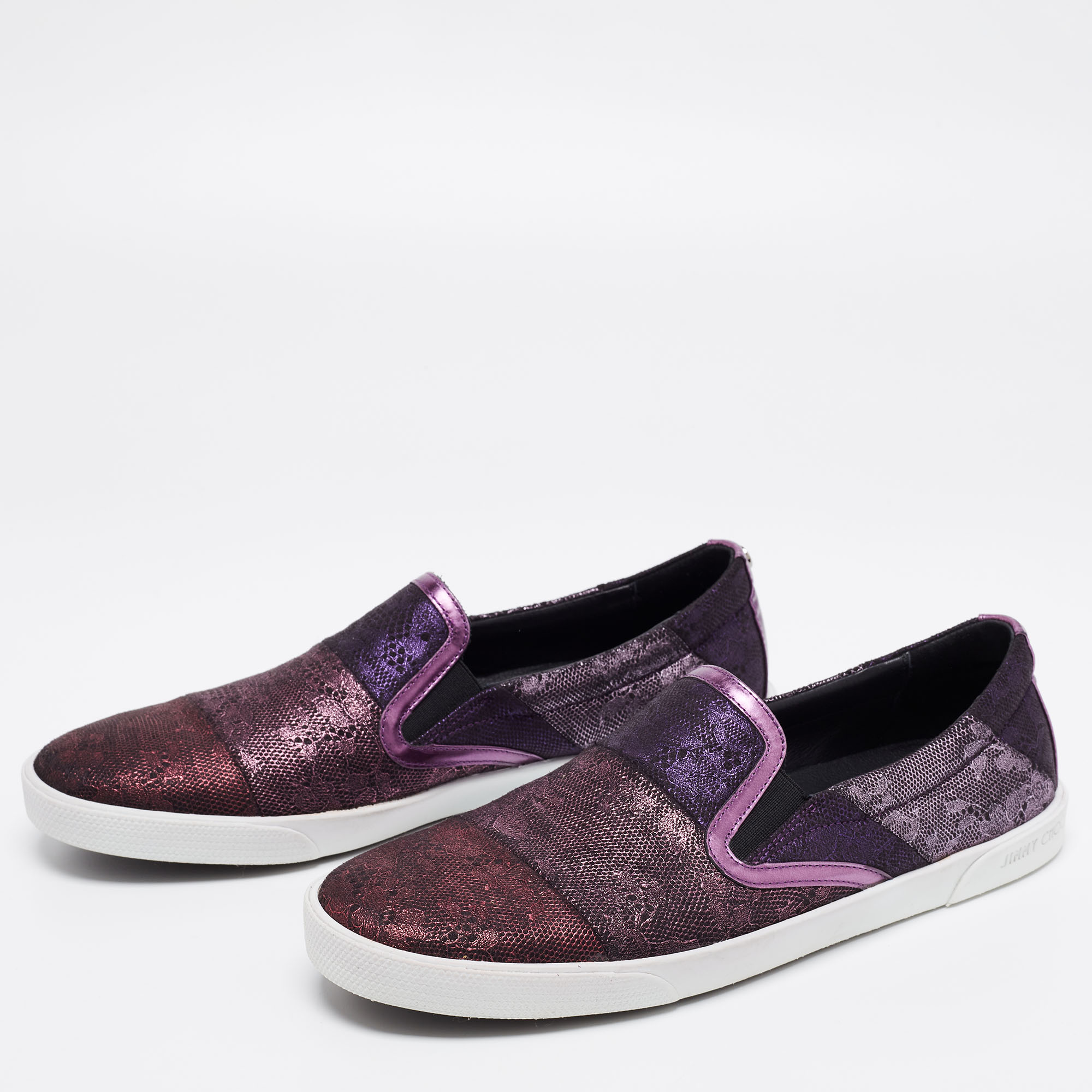 

Jimmy Choo Metallic Purple Lace and Leather Demi Slip-On Sneakers Size
