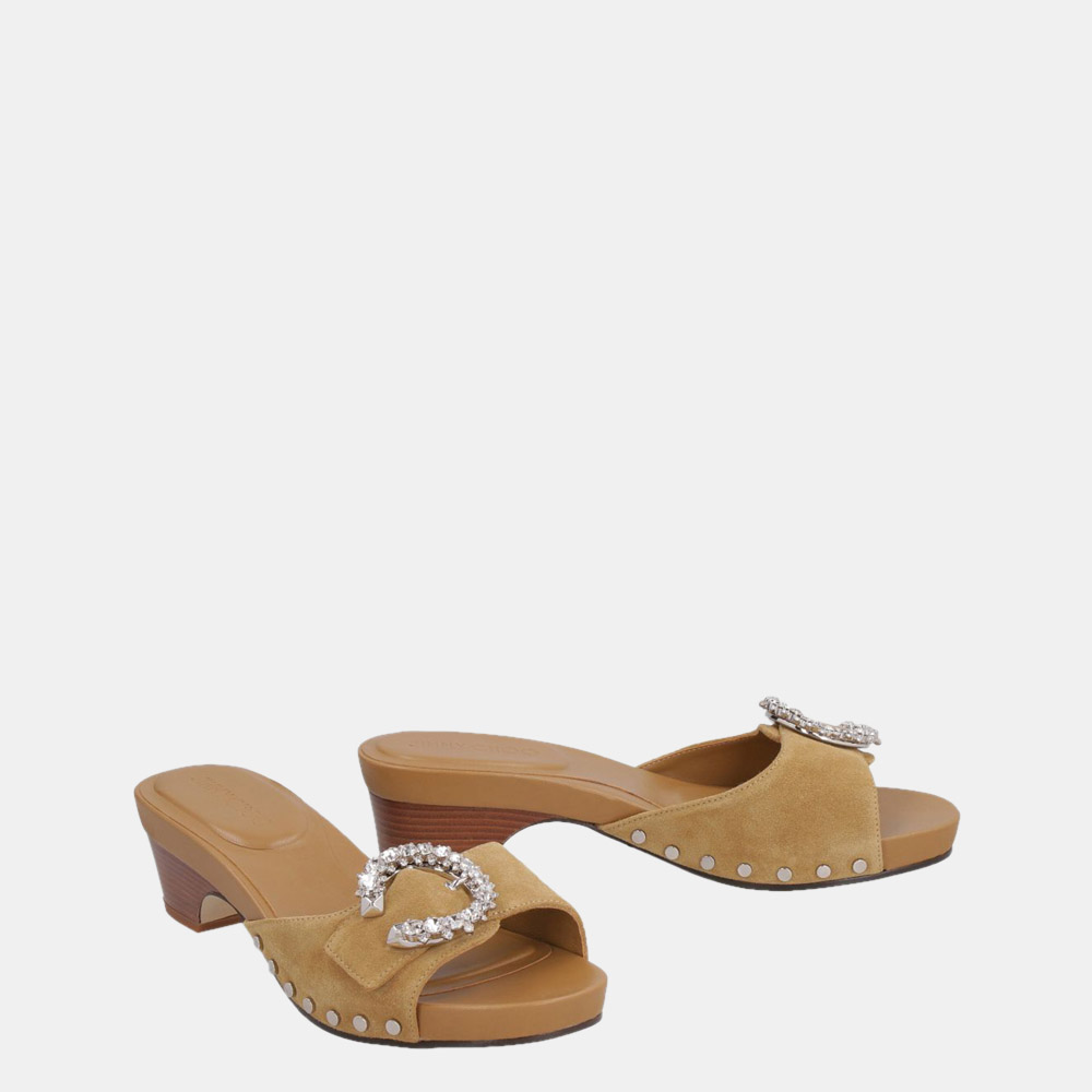 

Jimmy Choo Brown Camel Crosta Suede Clogs with Crystal Buckle Arlia 45 Sandals Size EU