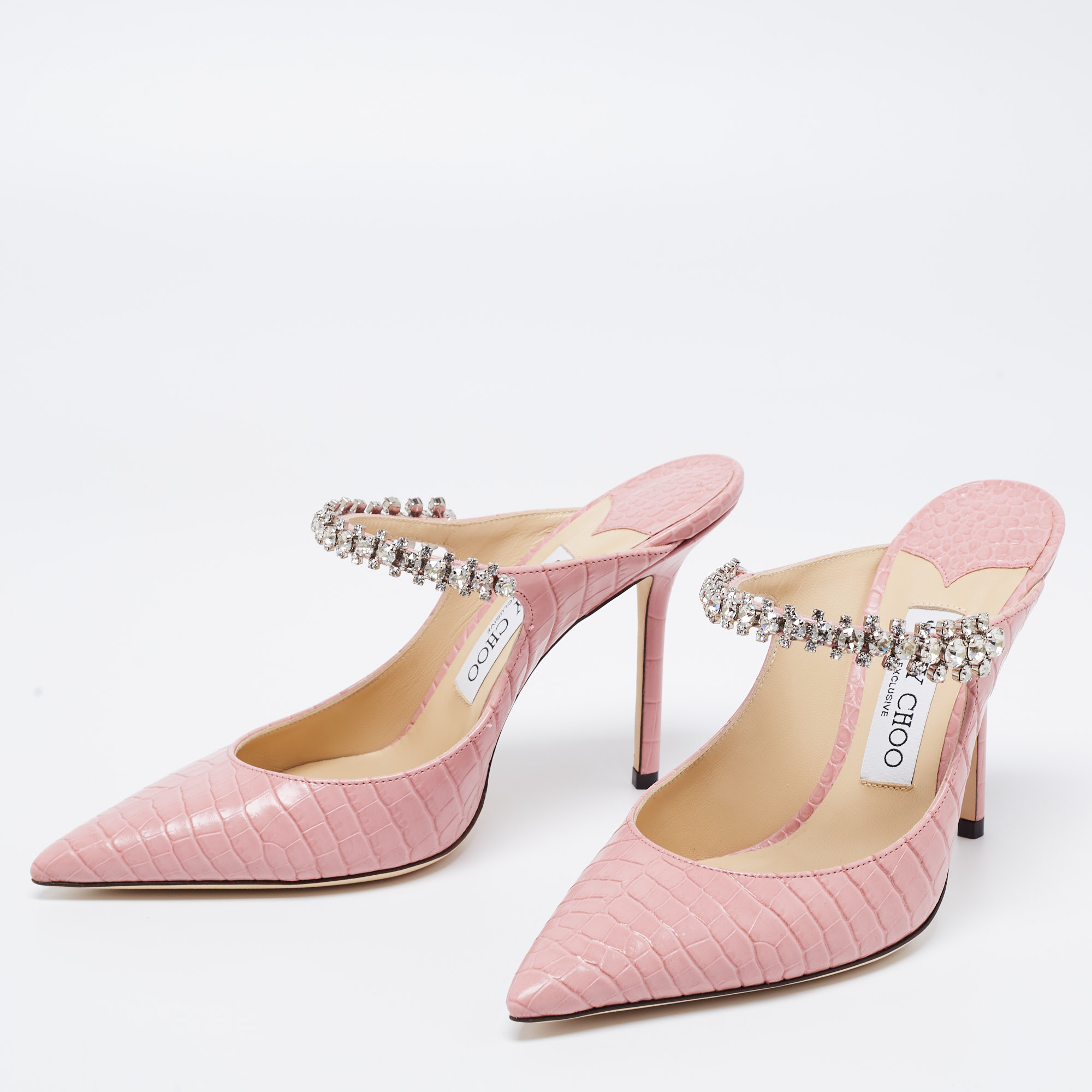 

Jimmy Choo Pink Croc Embossed Leather Bing 100 Crystal Strap Mule Sandals Size