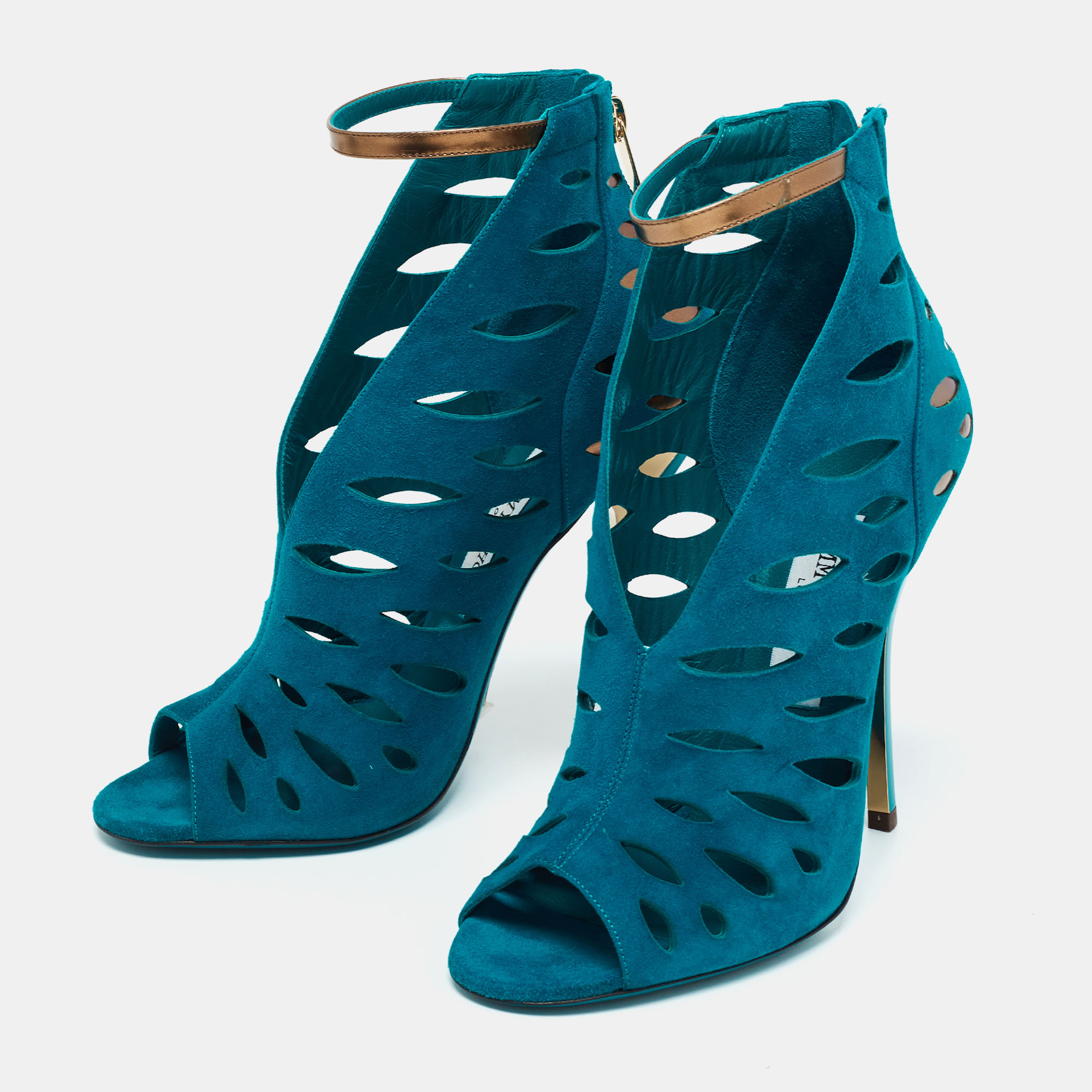 

Jimmy Choo Teal Cutout Suede Tamber Ankle Strap Sandals Size, Blue