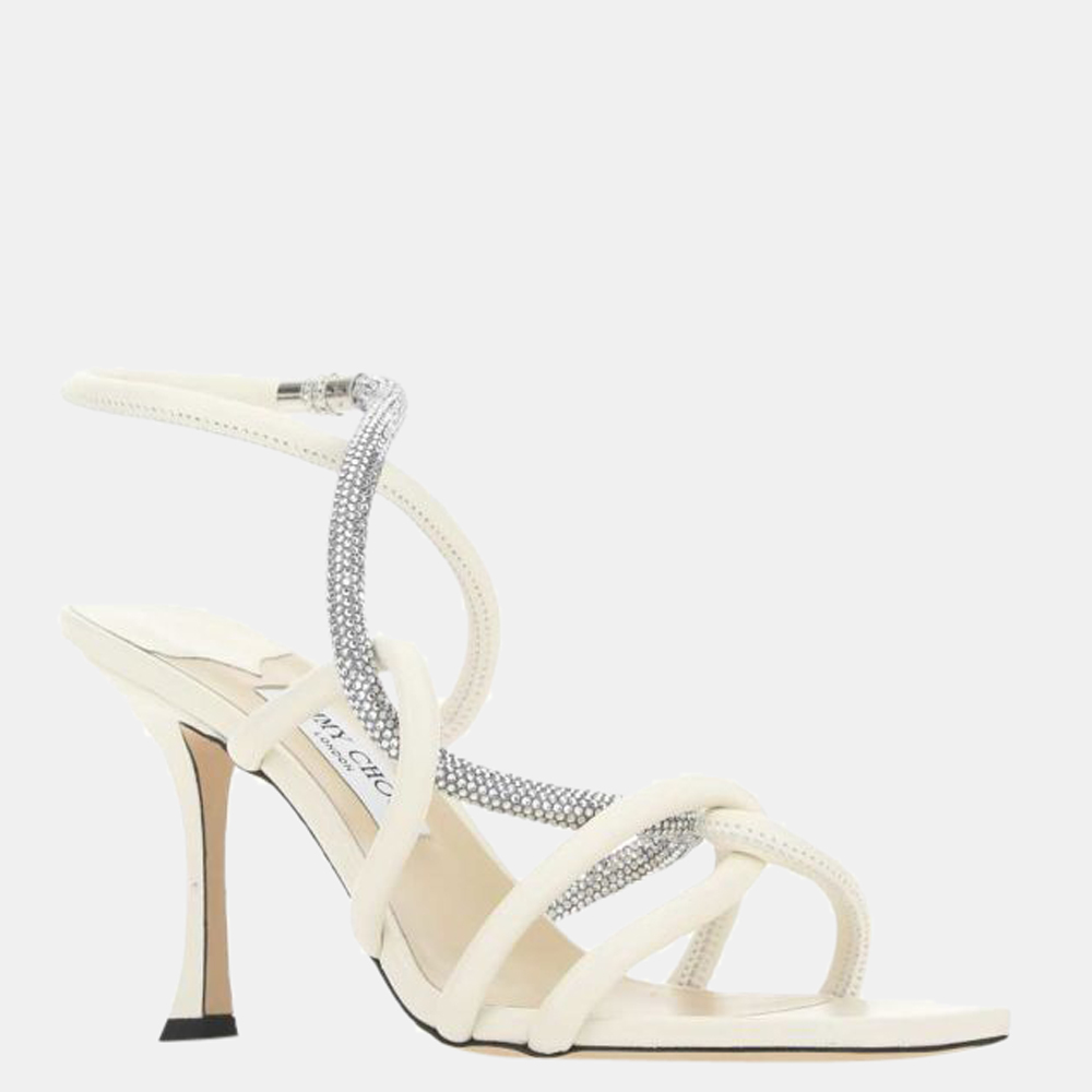 

Jimmy Choo White Square Toe Crystal Embellished Lonnie 90 Sandals Size EU