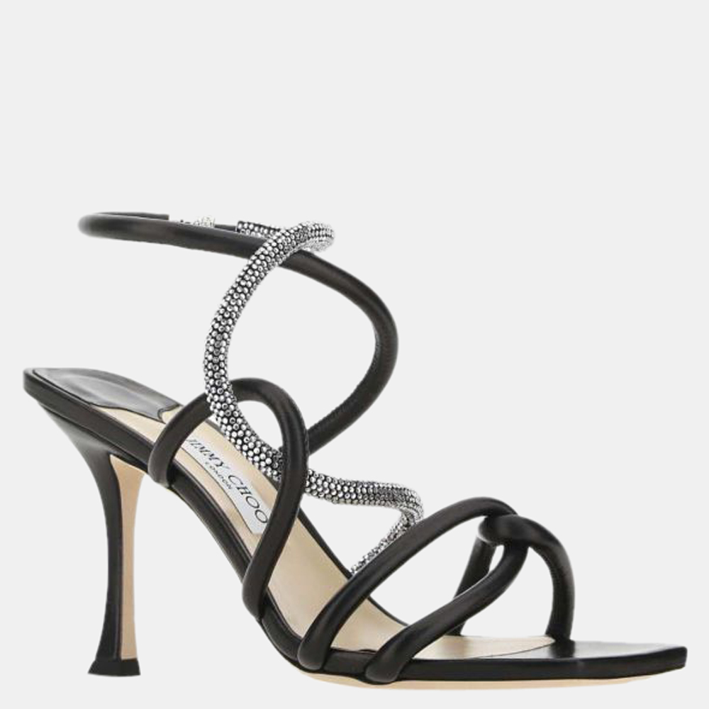 

Jimmy Choo Black Square Toe Crystal Embellished Lonnie 90 Sandals Size EU