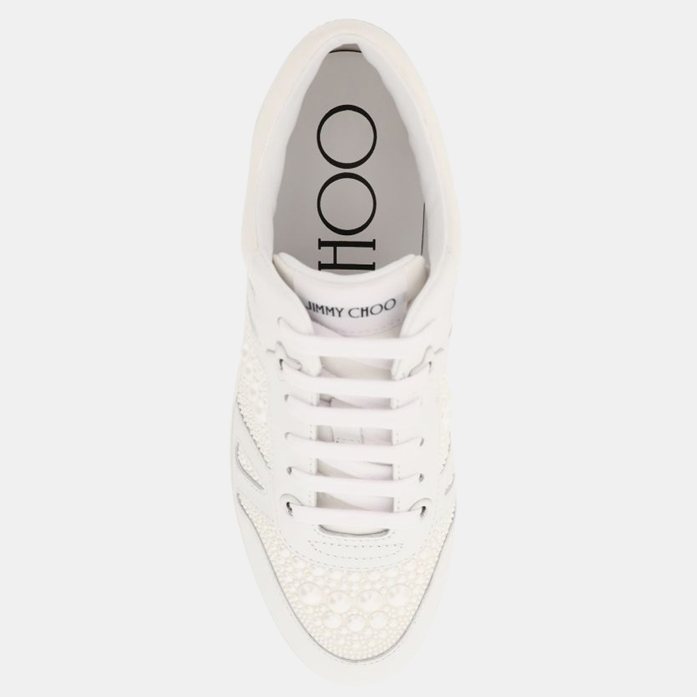 

Jimmy Choo White Calf Leather and Canvas Pearl Embellishment Hawaii/F Low Top Trainers Size EU