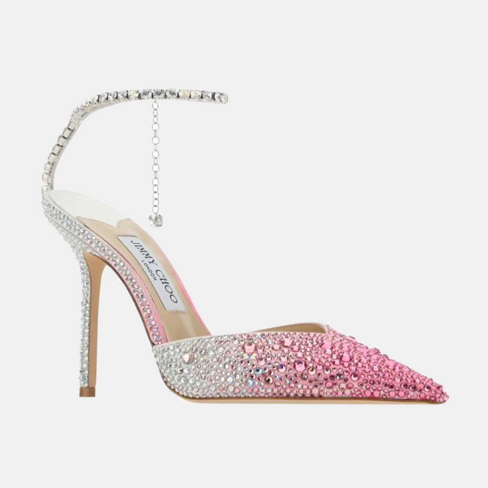 

Jimmy Choo Candy Pink Dégradé Satin Saeda 100 Pumps with Crystal Embellishment Size EU