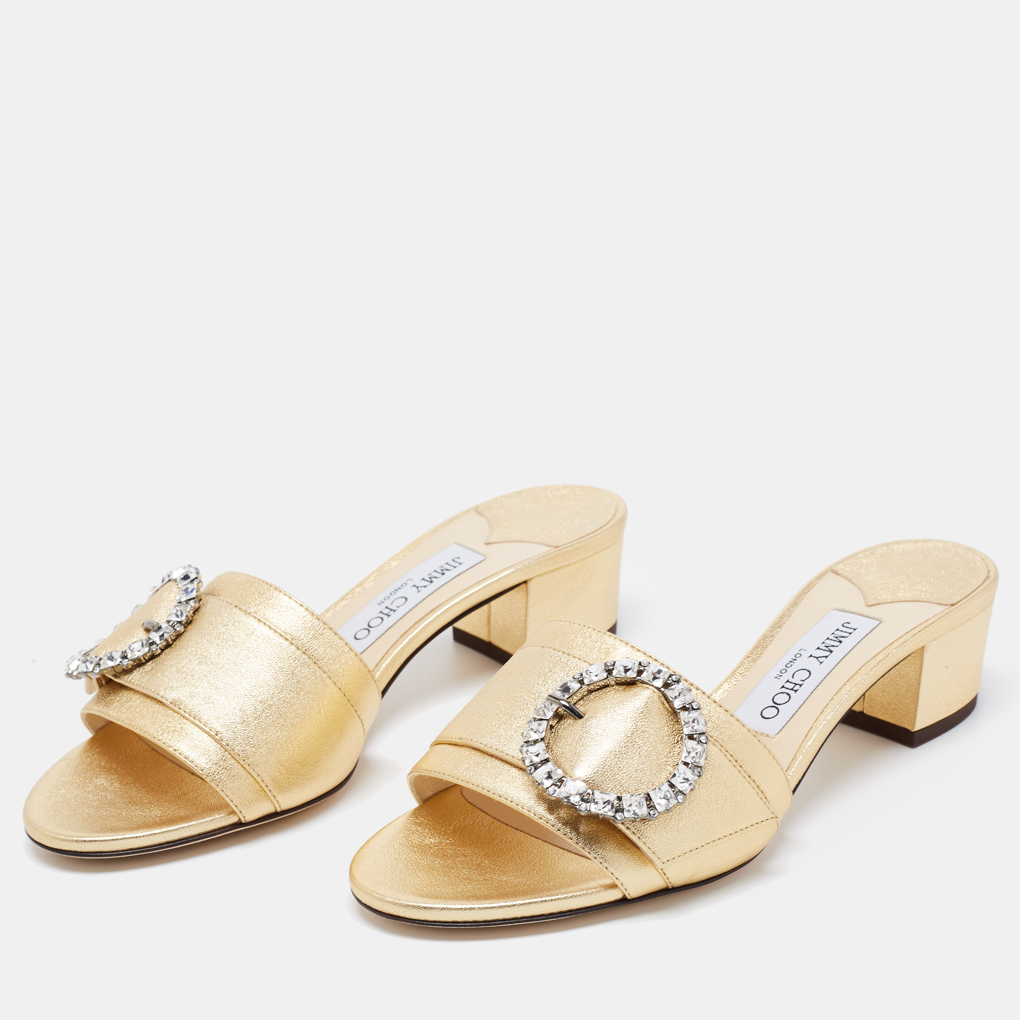 

Jimmy Choo Gold Leather Crystal Embellished Slide Sandals Size