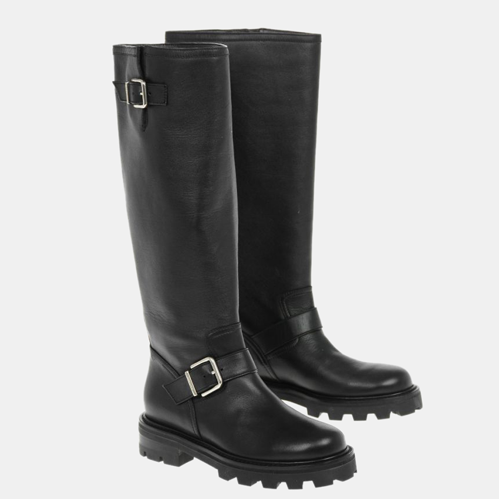 

Jimmy Choo Black Smooth Leather Knee-High Leather Knee-High Biker Li Tall Boots Size EU