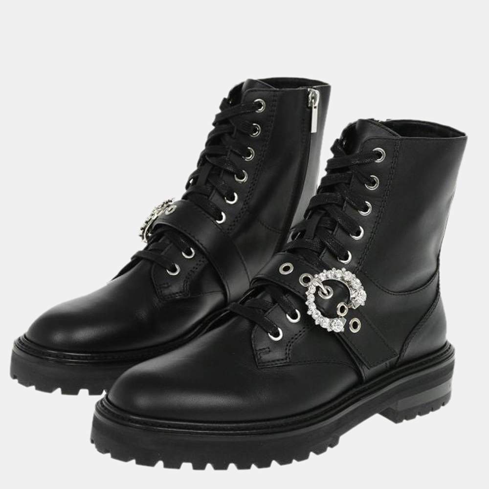 

Jimmy Choo Black Soft Calf Leather Cora/Flat Crystal Combat Boots Size EU