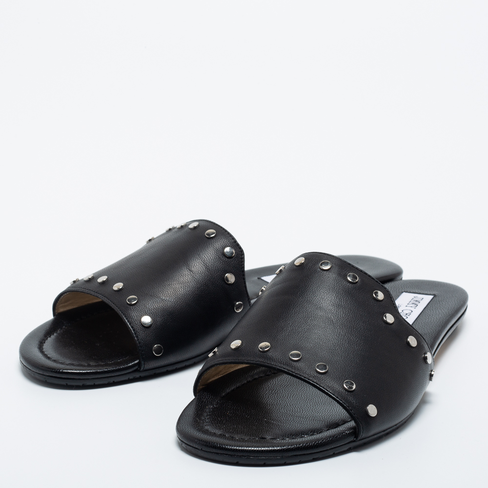 

Jimmy Choo Black Leather Studded Nanda Flat Slides Size