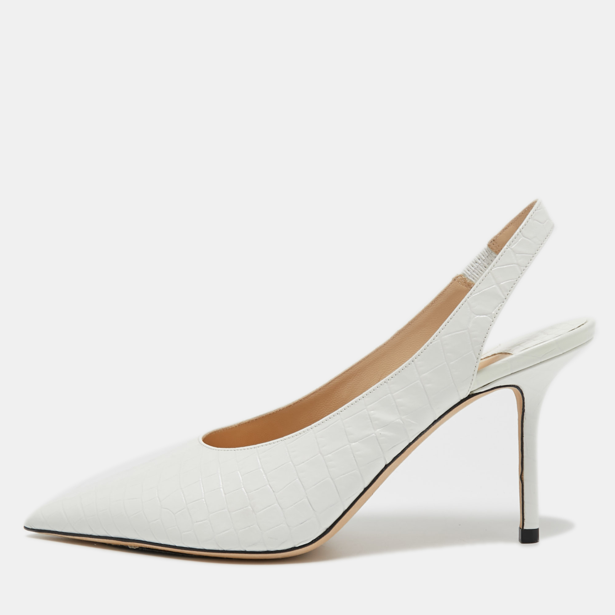 Pre Owned Jimmy Choo White Croc Embossed Leather Slingback Pumps Size 37   